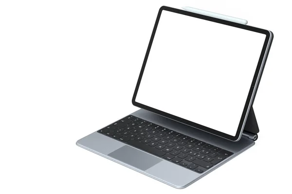 Tablette Ordinateur Avec Clavier Écran Blanc Isolé Sur Fond Blanc — Photo