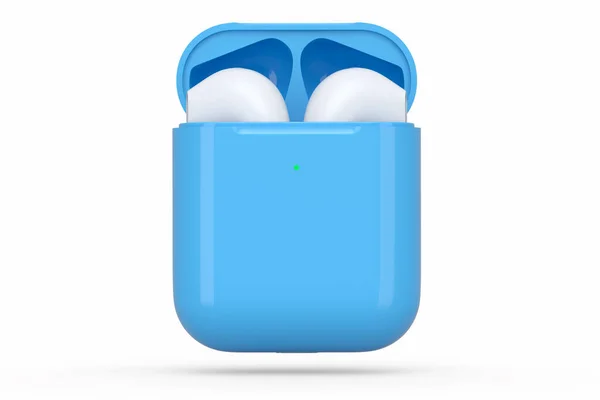 Auriculares Inalámbricos Bluetooth Estuche Azul Aislados Sobre Fondo Blanco Representación — Foto de Stock