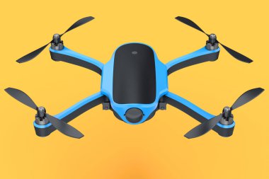 Uçan fotoğraf ve video mavi drone ya da kuadkopter turuncu arka planda izole edilmiş kamera. Dağıtım veya hava fotoğrafçılığı için aygıtın 3B görüntülemesi