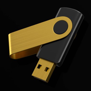 Taşınabilir USB bellek siyah arkaplanda izole edildi. Ev işi stüdyo çalışma alanı için 3 boyutlu aksesuar hazırlama