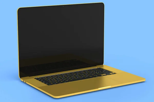 Realistisch Gouden Aluminium Laptop Met Leeg Wit Scherm Geïsoleerd Blauwe — Stockfoto