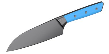 Şefin mutfak bıçağı beyaz arka planda izole edilmiş ahşap saplı. 3 boyutlu Santoku bıçağı ya da profesyonel mutfak gereçleri.