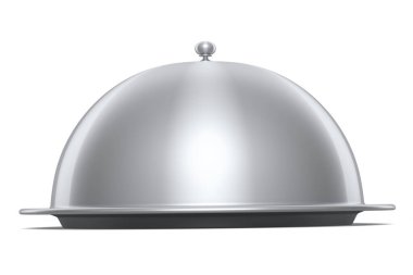 Beyaz arka planda izole edilmiş gümüş tepside saat servis etmeye hazır. 3D servis, restoran, horeca ve birinci sınıf servis kavramı