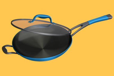 Sarı arka planda cam kapaklı kızartma tavası. Yapışmayan mutfak gereçlerinin 3D görüntüsü