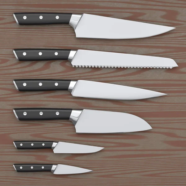 Set Chef Kitchen Knives Wooden Board Background Render Butcher Knives — Stock Photo, Image