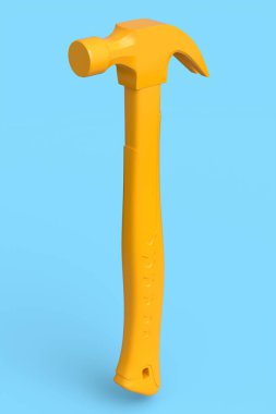 Mavi arka planda izole edilmiş plastik saplı çekiç. Tamir ve inşa etmek için kullanılan aracın 3d görüntülenmesi ve çizimi