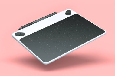 Ressamlar, tasarımcılar ve fotoğrafçılar için pembe arka planda izole edilmiş beyaz grafik tablet ve kalemin üst görüntüsü. 3d oluşturma