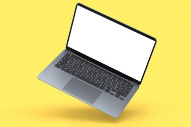 Sarı zemin üzerinde boş beyaz ekran görüntüsü olan gerçekçi alüminyum laptop. Ev stüdyosu çalışma alanı için 3D taşınabilir bilgisayar görüntüleme