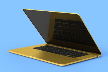 Mavi zemin üzerinde boş beyaz ekran görüntüsü olan gerçekçi altın alüminyum dizüstü bilgisayar. Ev stüdyosu çalışma alanı için 3D taşınabilir bilgisayar görüntüleme