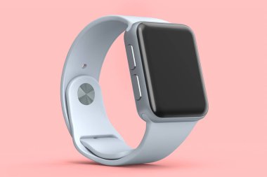 Pembe arka planda beyaz kayışı olan paslanmaz gümüş akıllı saat. Giyilebilir aygıt sağlığı ve fitness izleyicisi için 3B yorumlama kavramı
