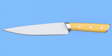 Aşçının mutfak bıçağı mavi arka planda izole edilmiş ahşap saplı. 3 boyutlu kasap bıçağı ya da profesyonel mutfak aletleri.