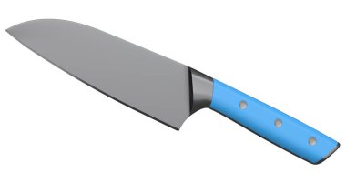 Şefin mutfak bıçağı beyaz arka planda izole edilmiş ahşap saplı. 3 boyutlu Santoku bıçağı ya da profesyonel mutfak gereçleri.