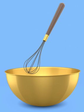 Mavi arka planda izole edilmiş hamur hazırlamak için çırpılmış metal kase. Aşçılık, harmanlama ve karıştırma için 3D pişirme süreci adım adım ve aksesuarları