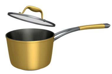 Paslanmaz çelik güveç ve beyaz arka planda krom kaplama alüminyum tencere. Yapışmayan mutfak gereçlerinin 3D görüntüsü