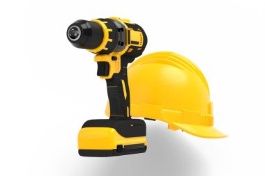 Kablosuz matkap seti veya beyaz arka planda kalın başlı başlıklı tornavidalar