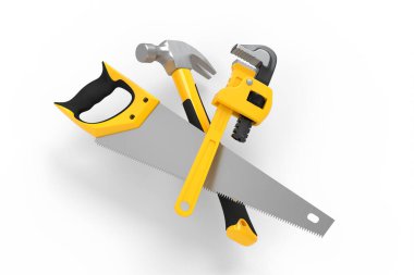 Beyaz üzerinde tamir için sarı inşaat araçlarının uçan görüntüsü