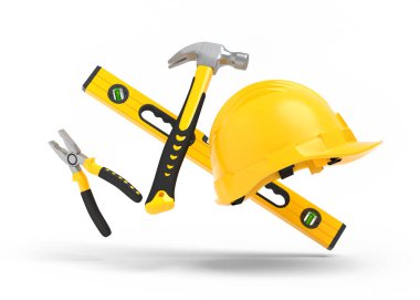 Beyaz üzerinde tamir için sarı inşaat araçlarının uçan görüntüsü