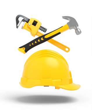 Beyaz üzerinde tamir için sarı inşaat araçlarının uçan görüntüsü