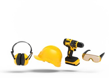 Beyaz üzerinde tamir için sarı inşaat araçlarının uçan görüntüsü