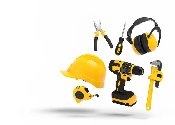 Latający widok żółtych narzędzi budowlanych do naprawy na białym — Zdjęcie stockowe