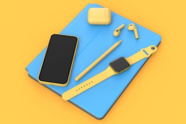 Stylus 'lu bilgisayar tabletinin üst görüntüsü, akıllı saat, telefon ve kulaklıklar sarı arka planda izole edilmiş. Yaratıcı tasarım ekipmanı ve kompakt çalışma alanı üç boyutlu oluşturma kavramı