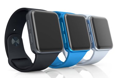 Beyaz arka planda siyah kayışı olan gümüş akıllı saatler. Giyilebilir aygıt sağlığı ve fitness izleyicisi için 3B yorumlama kavramı