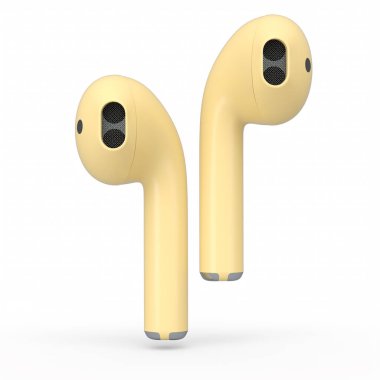 Beyaz arka planda izole edilmiş kablosuz bluetooth sarı kulaklıklar. Müzik dinlemek ya da evden uzak çalışmak için aksesuarların 3B görüntülenmesi