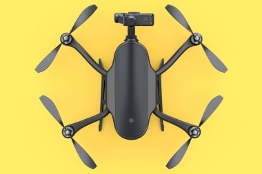 Uçan fotoğraf ve video siyah İHA ya da kuadkopter. Kamera sarı arkaplanda izole edilmiş. Dağıtım veya hava fotoğrafçılığı için aygıtın 3B görüntülemesi