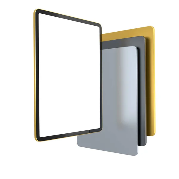 カバーケースと白の背景に隔離された空白の画面を持つコンピュータタブレットのセット 創造的なデザイナー機器とコンパクトなワークスペースの3Dレンダリングコンセプト — ストック写真