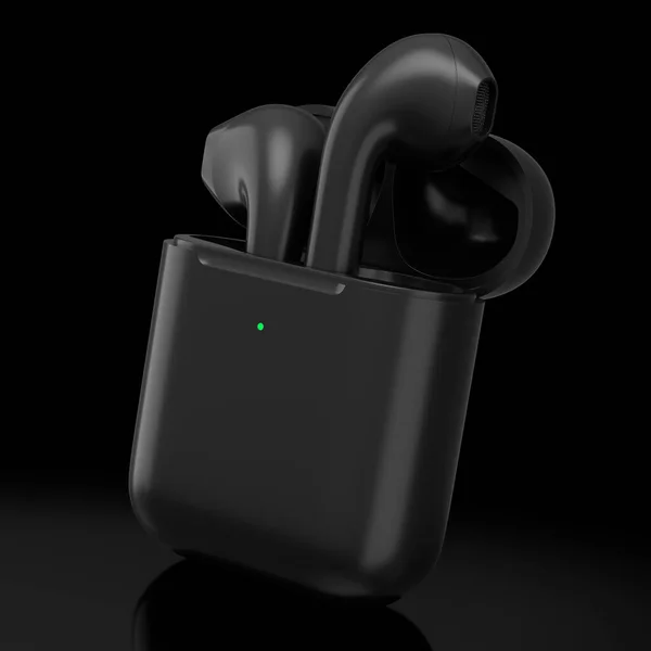 Auriculares Inalámbricos Bluetooth Estuche Negro Aislados Sobre Fondo Negro Representación —  Fotos de Stock