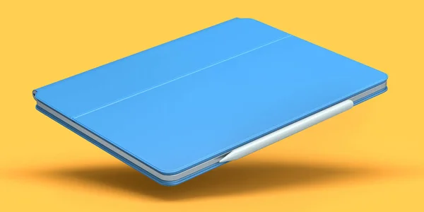 青いカバーケースとオレンジの背景に隔離された鉛筆でコンピュータタブレット 創造的なデザイナー機器とコンパクトなワークスペースの3Dレンダリングコンセプト — ストック写真