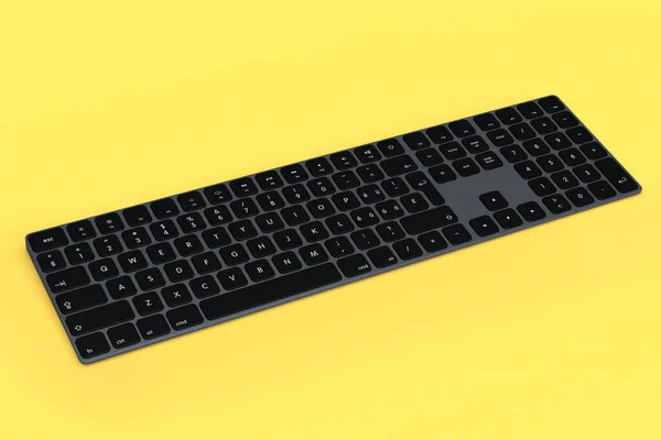 黄色の背景に隔離された数字パッドと現代の暗いアルミコンピュータのキーボード ホームオフィスやワークスペースのためのギアの3Dレンダリング — ストック写真