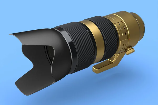 Moderne, nicht existente Gold-DSLR-Teleobjektive auf blauem Hintergrund — Stockfoto