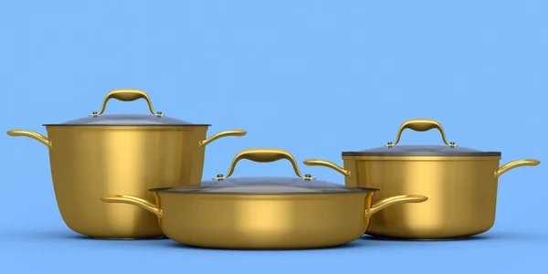 青を背景にステンレス製の鍋 フライパン クロムメッキアルミ調理器具のセット 非スティックキッチン用品の3Dレンダリング — ストック写真