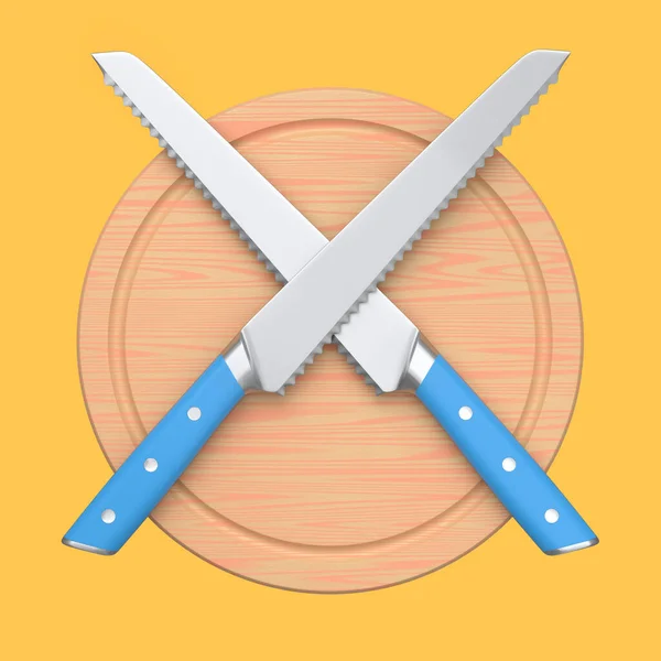 Šéfkuchařovy Kuchyňské Nože Dřevěné Desce Izolované Oranžovém Pozadí Vykreslení Chleba — Stock fotografie