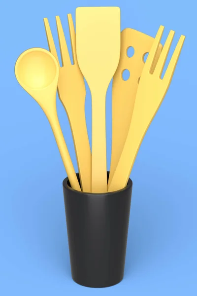 Ustensiles Cuisine Bois Outils Équipements Dans Support Sur Fond Bleu — Photo