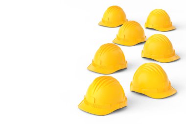 Beyaz arka planda izole edilmiş sarı kasklar ya da sert kapaklar. 3D görüntüleme ve başlık çizimi