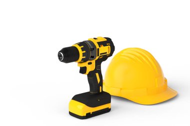 Kablosuz matkap seti ya da beyaz arka planda kalın başlıklı tornavidalar. Onarım ve kurulum için aracın 3d görüntüleme ve resimlemesi