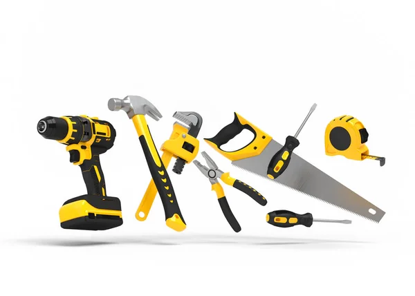 Flying View Yellow Construction Tools Repair Installation White Background Rendering — Stock Photo, Image