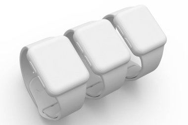 Beyaz arka planda izole edilmiş tek renkli akıllı saatler. Giyilebilir aygıt sağlığı ve fitness izleyicisi için 3B yorumlayıcı kavramı