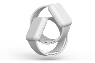 Beyaz arka planda beyaz kayışı olan tek renkli akıllı saatler. Giyilebilir aygıt sağlığı ve fitness izleyicisi için 3B yorumlayıcı kavramı