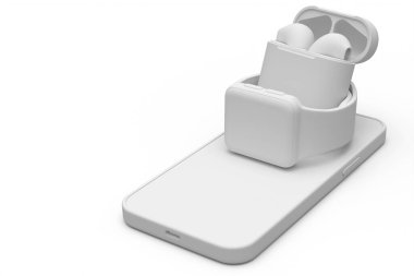 Akıllı saatlerin ve kablosuz bluetooth kulaklıkların beyaz monokrom arka planda akıllı telefonların bir kopyası. Sağlık ve zindelik izleyicisi için giyilebilir aygıt konsepti 3B render