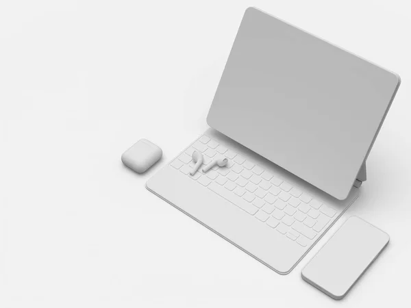 Aluminium Laptop Met Mobiele Telefoon Koptelefoon Witte Monochrome Achtergrond Rendering — Stockfoto