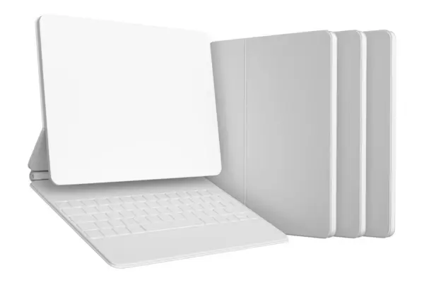 Conjunto Comprimidos Computador Com Teclado Tela Branco Isolados Fundo Branco — Fotografia de Stock