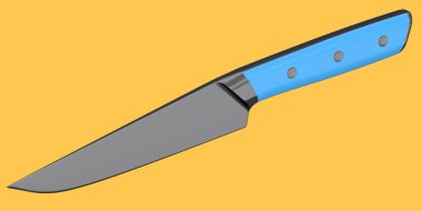 Şefin mutfak bıçağı, turuncu arka planda izole edilmiş ahşap saplı. 3 boyutlu kasap bıçağı ya da profesyonel mutfak aletleri.