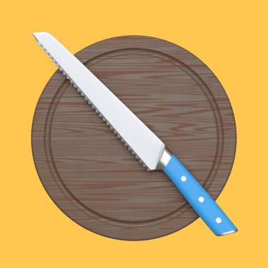 Şefin mutfak bıçağı turuncu arka planda izole edilmiş ahşap bir tahtada. 3 boyutlu ekmek bıçağı ya da profesyonel mutfak aletleri.
