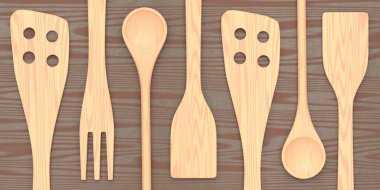 Ahşap mutfak aletleri, ahşap arka planda aletler ve ekipmanlar. Ev yapımı mutfak aletleri ve yemek pişirmek için aksesuarlar