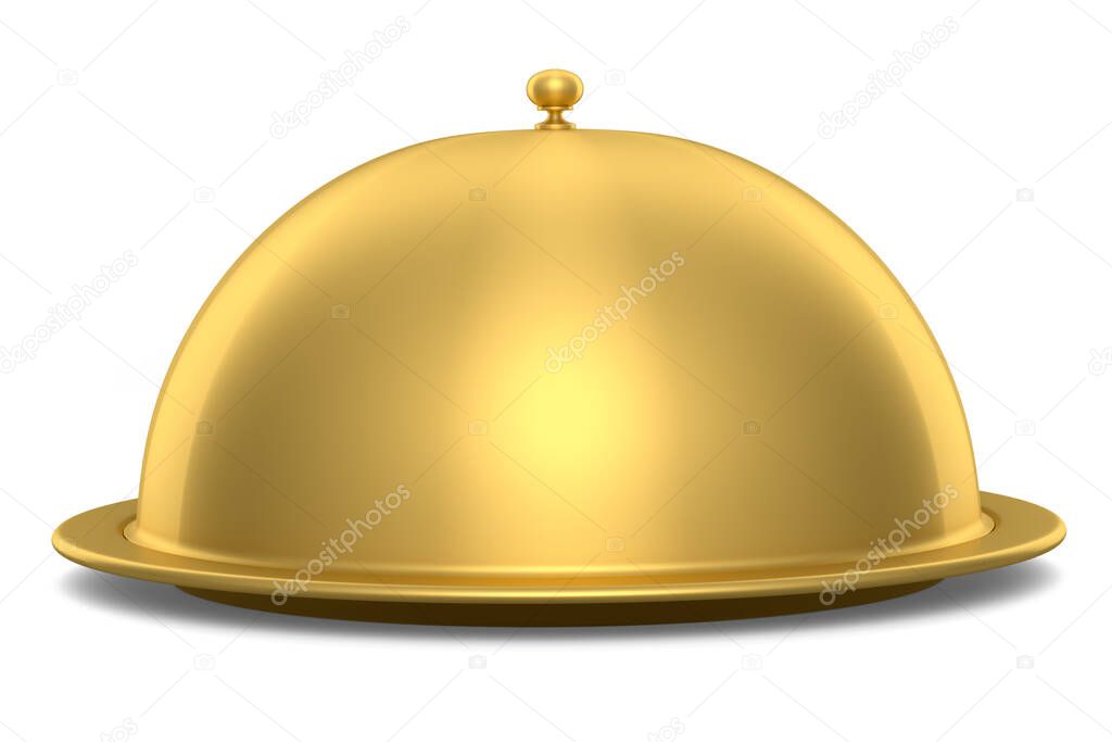 Gold tray with cloche ready to serve isolated on white background. 3d render service, restaurant, horeca and first class service concept