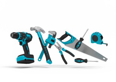 Beyaz arka planda onarım ve kurulum için yeşil inşaat araçlarının uçuş görüntüsü. Tesisatçı ya da tamirci için 3D tasvir ve hizmet afişi