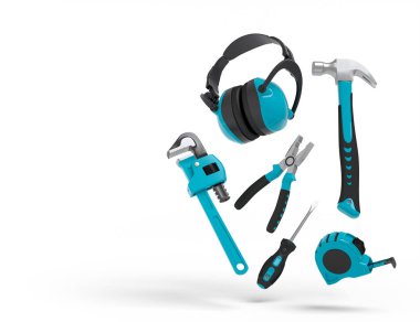 Beyaz arka planda onarım ve kurulum için yeşil inşaat araçlarının uçuş görüntüsü. Tesisatçı ya da tamirci için 3D tasvir ve hizmet afişi